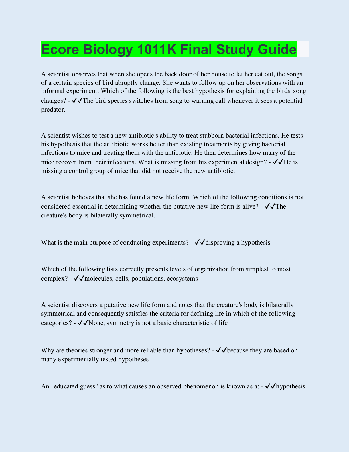 Preview of Ecore Biology 1011K Final Study Guide